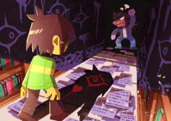  1girl 1other absurdres androgynous antenna_hair black_shoes blue_pants brown_hair brown_pants brown_shoes cardigan colored_skin colored_teeth commentary_request deltarune denim furry furry_female green_sweater highres jeans kris_(deltarune) long_hair long_sleeves looking_at_another open_cardigan open_clothes open_mouth pants purple_cardigan reptile_girl scene_reference shadow sharp_teeth shirt shoes short_hair sidelocks susie_(deltarune) sweater teeth torn_clothes torn_jeans torn_pants utdr_(toby_fox) watawata22 white_shirt yellow_skin yellow_teeth 