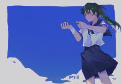  1girl absurdres aiming artist_name bandaged_arm bandages blue_background blue_neckerchief blue_sailor_collar blue_skirt blush border closed_mouth clouds commentary_request concentrating empty_eyes finger_gun floating_clothes floating_hair green_eyes green_hair gun hair_ribbon highres holding holding_gun holding_weapon jisatsu_no_tame_no_101_no_houhou long_hair looking_ahead neckerchief pleated_skirt ribbon sailor_collar sailor_shirt school_uniform serious shirt short_sleeves simple_background skirt solo tsukishiro_kanna_(jisatsu_no_tame_no_101_no_houhou) twintails weapon white_border yihi 