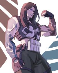  1girl black_gloves black_lips black_nails cyberpunk:_edgerunners cyberpunk:_edgerunners_2 cyberpunk_(series) emily_(cyberpunk) fingerless_gloves gloves highres matthew_(yourcupofkohi) muscular muscular_female print_tank_top skull skull_print smile solo tank_top 