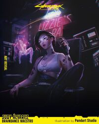  1girl artist_logo artist_name asymmetrical_hair character_name cyberpunk_(series) cyberpunk_2077 cyberpunk_trading_card_game english_text green_hair highres indoors judy_alvarez logo multicolored_hair neck_tattoo pandart-studio pink_hair shoulder_tattoo sidecut sitting solo tattoo two-tone_hair undercut 