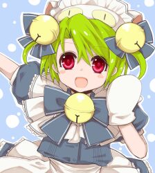  1girl :d bell blue_background blue_bow blue_bowtie blue_shirt blush_stickers bow bowtie commentary_request dejiko di_gi_charat green_hair jingle_bell kumapopo looking_at_viewer maid maid_headdress mittens neck_bell open_mouth puffy_short_sleeves puffy_sleeves red_eyes shirt short_hair short_sleeves skirt smile solo upper_body white_mittens white_skirt 
