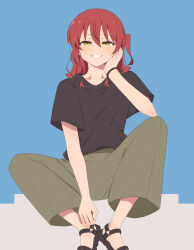  1girl absurdres black_sandals black_shirt blush bocchi_the_rock! collarbone commentary_request full_body green_pants grin hair_between_eyes highres kita_ikuyo long_hair looking_at_viewer nukazuke_(kzhto) one_side_up pants red_hair sandals shirt short_sleeves smile solo t-shirt yellow_eyes 