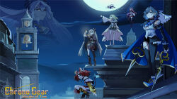  6+girls animal_ears antlers ascot bell bell_tower black_hair blue_eyes blue_hair blue_sky brown_capelet brown_cloak brown_corset brown_hair capelet ceres_fauna ceres_fauna_(1st_costume) chain chain_headband chrono_gear:_warden_of_time cloak clock clock_tower clouds collar corset demon_horns english_text feather_hair_ornament feathers flying fongban_illust full_body full_moon green_hair hair_intakes hair_ornament hakos_baelz hakos_baelz_(1st_costume) halo highres holocouncil hololive hololive_english holopromise horns irys_(hololive) irys_(irys_2.0)_(hololive) la+_darknesss long_hair looking_at_viewer mechanical_halo moon mouse_ears mouse_girl multicolored_hair multiple_girls nanashi_mumei nanashi_mumei_(1st_costume) night official_art on_roof ouro_kronii ouro_kronii_(1st_costume) outdoors pointy_ears ponytail profile projected_inset purple_hair red_hair second-party_source short_hair sky spiked_collar spikes squatting standing streaked_hair striped_horns textless_cover_page tower tree_horns tsukumo_sana tsukumo_sana_(1st_costume) virtual_youtuber white_hair yellow_ascot 
