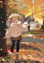  1girl :d ^_^ autumn autumn_leaves black_pantyhose blonde_hair boots brown_boots brown_skirt closed_eyes commentary day floating_hair full_body gradient_hair highres holding holding_leaf leaf long_hair long_sleeves maple_leaf miniskirt multicolored_hair open_mouth outdoors oversized_object pantyhose pink_hair project_sekai road skirt smile solo standing street sweater tenma_saki tree turtleneck turtleneck_sweater twintails twitter_username untranslatable_commentary urban viewfinder white_sweater yion_yu 