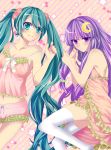  aqua_eyes aqua_hair babydoll bad_id bare_shoulders camisole crossover hatsune_miku highres long_hair lying mou-nanimo multiple_girls navel patchouli_knowledge purple_eyes purple_hair smile strap_slip thigh-highs thighhighs touhou twintails very_long_hair violet_eyes vocaloid 