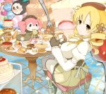  basket blonde_hair bread cake candy chair charlotte_(madoka_magica) cheese cup cupcake drill_hair eating feast fingerless_gloves food fruit fruit_tart glass gloves highres ice_cream looking_back magical_girl mahou_shoujo_madoka_magica minazuki_randoseru oudanhodou pancake pie pudding sitting strawberry strawberry_shortcake swiss_cheese table tea teacup thighhighs tiered_tray tomoe_mami tray treasure_chest twin_drills yellow_eyes 