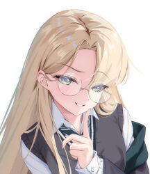  1girl black-framed_eyewear black_sweater_vest blonde_hair closed_mouth collared_shirt curtained_hair diagonal-striped_clothes diagonal-striped_necktie finger_to_cheek genderswap genderswap_(mtf) glasses green_eyes green_necktie harry_potter_(series) highres hogwarts_school_uniform long_hair looking_at_viewer malfoid necktie ringed_eyes sakkisana school_uniform shirt smile solo striped_clothes striped_necktie sweater_vest very_long_hair white_background white_shirt wizarding_world 