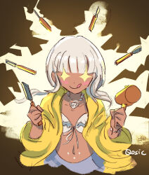  1girl bead_necklace beads blush danganronpa_(series) danganronpa_v3:_killing_harmony dark-skinned_female dark_skin hammer holding holding_hammer jewelry licking_lips low_twintails navel_piercing necklace piercing qosic raincoat shell shell_necklace solo sparkle tongue tongue_out twintails yellow_raincoat yonaga_angie 