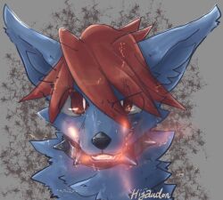  animal_ears animal_nose artist_name collar commentary_request cool_the_cerberus cuffs fangs highres hiyaudon no_humans purple_fur red_hair scar scar_across_eye scar_on_face shin_megami_tensei shin_megami_tensei_devil_children spiked_collar spikes 