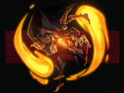  2boys ambrosia_(hades) barefoot black_hair black_robe closed_eyes full_body glowing grey_hair hades_(series) hades_1 highres laurel_crown lvcisx male_focus multiple_boys pants parted_lips red_pants robe rotational_symmetry short_hair signature thanatos_(hades) zagreus_(hades) 