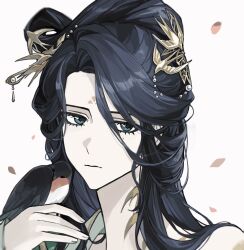  1girl adian4 bird bird_hair_ornament bird_on_hand black_bird black_hair blue_eyes chinese_hairpin closed_mouth hair_ornament hair_stick hand_up highres long_hair looking_at_viewer mole mole_under_eye official_alternate_costume portrait reverse:1999 solo swallow_(bird) white_background willow_(reborn_and_restored)_(reverse:1999) willow_(reverse:1999) 
