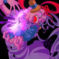  1girl black_background blue_sleeves dress eyelashes headphones highres long_hair looking_at_viewer multicolored_hair neck_ribbon one_piece one_piece_film:_red open_mouth red_hair ribbon single_sleeve solo teeth two-tone_hair upper_body uta20220806 uta_(one_piece) violet_eyes watermark white_dress white_hair 