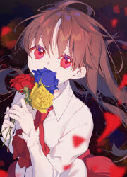  1girl absurdres ascot blue_flower blue_rose brown_hair commentary_request covered_mouth flower highres hikari50503 holding holding_flower ib_(ib) ib_(kouri) long_hair long_sleeves looking_at_viewer red_ascot red_eyes red_flower red_rose rose shirt solo white_shirt yellow_flower yellow_rose 