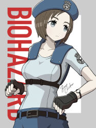  1girl artist_name belt belt_buckle beret black_belt black_gloves blue_hat blue_pants border brave_chicken breasts brown_hair buckle clenched_hands closed_mouth commentary_request copyright_name cowboy_shot dot_nose fingerless_gloves frown gloves grey_border grey_eyes grey_shirt hat holster jill_valentine looking_to_the_side medium_breasts outside_border pants police police_uniform resident_evil s.t.a.r.s._uniform shirt short_hair short_sleeves shoulder_holster shoulder_pads signature solo watch watch white_background 
