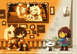  1boy 2others absurdres androgynous animal_ears asgore_dreemurr asriel_dreemurr barefoot blue_shorts blue_sweater blush boots brown_boots brown_hair chara_(undertale) closed_eyes closed_mouth colored_skin commentary_request delta_rune_(symbol) faceless frisk_(undertale) froggit furry furry_male highres holding holding_key key lock long_sleeves looking_at_viewer multiple_others padlock pants portrait_(object) shaded_face short_hair shorts smile spoilers standing sweater toriel undertale utdr_(toby_fox) watawata22 yellow_skin 