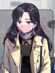  1girl bag black_hair black_sweater blue_eyes brown_coat coat covered_mouth curtained_hair earrings highres jewelry long_hair looking_down mask mouth_mask necklace office_lady office_lady_taiwan open_clothes open_coat original photoshop_(medium) ribbed_sweater scarf shoulder_bag solo sweater taiwan tennohi trench_coat upper_body 
