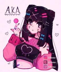  1girl aka_(ariimaw) ariimaw artist_name bandaid black_hair blush bone_hair_ornament candy cardigan cone_hair_bun cropped_torso cross cross_hair_ornament double_bun fishnets food grey_eyes hair_bun hair_ornament hairclip halterneck hand_up heart highres holding holding_candy holding_food holding_lollipop lollipop long_eyelashes long_hair long_sidelocks long_sleeves looking_at_viewer midriff navel off_shoulder open_cardigan open_clothes original parallel_hairclips parted_lips pink_cardigan sidelocks simple_background sleeveless tareme thick_eyelashes watermark x_hair_ornament 