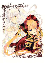  2girls black_ribbon blonde_hair blue_eyes bonnet bow bowtie capelet collar cropped_torso detached_collar dress drill_hair drill_sidelocks expressionless eyepatch floral_border flower flower_eyepatch frilled_bonnet frilled_dress frilled_sleeves frills green_bow green_bowtie hair_flower hair_ornament hair_ribbon hand_up highres juliet_sleeves kirakishou lace-trimmed_capelet lace_trim long_hair long_sidelocks long_sleeves looking_to_the_side multiple_girls official_art parted_lips peach-pit puffy_sleeves red_bonnet red_capelet red_flower red_rose ribbon rose rozen_maiden scan shinku sidelocks simple_background third-party_source twintails two_side_up upper_body very_long_hair very_long_sidelocks wavy_hair white_background white_collar white_dress white_flower white_hair white_rose yellow_eyes 
