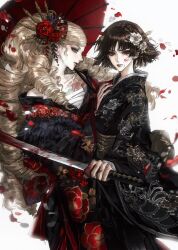  2girls absurdres bai_yu_tang bare_shoulders black_kimono blonde_hair blood blood_on_face blood_on_weapon blue_eyes braid brown_hair chest_tattoo closed_mouth curly_hair drill_hair earrings facing_another falling_petals floating_hair floral_print floral_print_kimono flower from_side furrowed_brow hair_ornament hand_on_another's_chest head_tilt highres holding holding_sword holding_umbrella holding_weapon japanese_clothes jewelry kanzashi kimono leaning_to_the_side lips long_hair looking_at_viewer makeup multiple_girls niijima_makoto off_shoulder parted_bangs persona persona_5 petals print_kimono profile red_eyes red_nails rose rose_petals short_hair simple_background swept_bangs sword takamaki_ann tattoo umbrella upper_body weapon white_background white_petals 