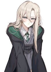  1girl black_robe blonde_hair blush cardigan closed_mouth collared_shirt commentary dodo_(dodobo) earrings genderswap genderswap_(mtf) green_necktie grey_cardigan grey_eyes harry_potter_(series) highres hogwarts_school_uniform hood hood_down hooded_robe jewelry long_hair long_sleeves looking_at_viewer malfoid necktie open_clothes open_robe robe school_uniform shirt simple_background slytherin solo untranslatable_commentary white_background white_shirt wizarding_world 