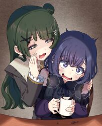  2girls absurdres akiha_school_uniform bang_dream! bang_dream!_yumemita blush bob_cut coffee commentary cup fuji_miyako fuji_miyako_(real) green_hair hair_bun hair_ornament hairclip hand_on_another's_shoulder heart heart-shaped_pupils heavy_breathing highres holding holding_cup long_sleeves looking_at_another mole mole_under_mouth mug multiple_girls open_mouth purple_hair school_uniform short_hair single_side_bun smile spilling sweat symbol-shaped_pupils tomkorori untranslatable_commentary upper_body viola_(bang_dream!) violet_eyes whispering_in_ear x_hair_ornament yuri 