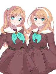  2girls aged_up aqua_eyes aqua_neckerchief brown_dress closed_mouth commentary_request dress hair_ornament hairband hasu_no_sora_school_uniform highres hinoshita_futaba hinoshita_minori long_hair long_sleeves looking_at_viewer love_live! love_live!_hasu_no_sora_jogakuin_school_idol_club monaka_(syumi_0209) multiple_girls neckerchief orange_hair pleated_dress rabbit_hair_ornament sailor_collar sailor_dress school_uniform siblings sisters smile split_mouth twins two_side_up white_hairband white_sailor_collar winter_uniform 