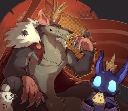 absurdres animal_ears animal_on_finger beak black_fur buck_teeth cape cross_scar crown deadlock_(game) fur-trimmed_cape fur_trim furry furry_male highres mouse_(animal) mouse_boy mouse_ears naga_rajaf notched_ear notched_ears pajamas purple_ears rat_king_(deadlock) red_cape rem_(deadlock) scar scar_on_face scar_on_nose scar_on_thigh teeth torn_flag whiskers 