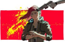  1boy 1girl asymmetrical_hair brown_jacket cyber_ul cyberpunk cyberpunk_(series) cyberpunk_2077 green_eyes jacket johnny_silverhand mechanical_arms open_clothes open_jacket red_hair sidecut solo_focus undercut upper_body v_(cyberpunk) valerie_(cyberpunk) 