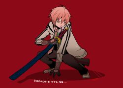  1boy 66_(roro) black_pants brown_gloves closed_mouth commentary_request full_body gloves grey_jacket hair_over_one_eye highres holding holding_sheath holding_sword holding_weapon jacket katana kumapopo looking_afar male_focus necktie pants pink_hair pink_necktie pink_shoes red_background sheath shoes short_hair simple_background solo squatting striped_clothes striped_necktie sword vocaloid vy2 weapon white_jacket yellow_eyes 