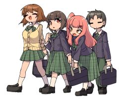  2boys 2girls :o ^_^ alternate_costume alternate_universe ayumu_(fun_bo) bag black_hair black_shoes blazer blue_jacket bow bowtie brown_hair buttons cardigan check_commentary closed_eyes collared_shirt commentary_request crossdressing crossdressing_(mtf) curtained_hair flipped_hair full_body fun_bo green_bow green_bowtie green_necktie green_pants green_skirt hair_flaps hair_ornament hairclip highres holding holding_bag holding_behind_back jacket kneehighs leaning_forward loafers long_hair long_skirt miniskirt multiple_boys multiple_girls necktie one_side_up open_mouth original pants parted_bangs pink_hair plaid_clothes plaid_skirt pleated_skirt red_eyes school_bag school_uniform shirt shoes sidelocks simple_background skirt smile socks trap v-shaped_eyebrows walking white_background white_shirt white_socks yellow_cardigan yellow_eyes 