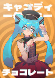 1girl :3 aqua_eyes aqua_hair belt black_hat blush_stickers brown_background candycookiechocolate_(vocaloid) closed_mouth cowboy_shot double-parted_bangs egh_(ssquan) epaulettes hair_between_eyes hat hatsune_miku highres long_hair paw_pose peaked_cap red_skirt shirt shoulder_pads sidelocks skirt sleeveless sleeveless_shirt smile solo song_name twintails very_long_hair vocaloid white_belt white_wrist_cuffs wrist_cuffs 