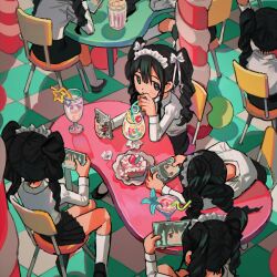  6+girls black_eyes black_hair black_skirt bow cake center-flap_bangs checkered_floor commentary crazy_straw drinking drinking_straw food hair_between_eyes hair_bow holding holding_phone holding_straw juliet_sleeves long_sleeves looking_to_the_side maid_headdress multiple_girls myango_(applemangocrape) original phone plate puffy_sleeves shadow shirt sitting skirt tile_floor tiles twintails untranslatable_commentary white_bow white_shirt 