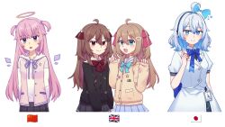  >:) 4girls ahoge aqua_bow aqua_bowtie badge black_cardigan black_necktie black_skirt blue_bow blue_bowtie blue_hair blue_sailor_collar blue_skirt bow bowtie broken_heart broken_heart_hair_ornament brown_hair button_badge cardigan character_request collared_shirt commentary cropped_torso detached_wings dress_shirt evil_neuro-sama evil_neuro-sama_(1st_costume) from_side hair_between_eyes hair_ornament hair_ribbon halo headphones heart heart_hair_ornament highres indie_virtual_youtuber jacket japanese_flag lapels long_sleeves looking_at_viewer luanma96 medium_hair multiple_girls necktie neuro-sama neuro-sama_(1st_costume) notched_lapels people's_republic_of_china_flag pink_hair pink_jacket pleated_skirt red_bow red_bowtie red_ribbon ribbon sailor_collar shirt short_sleeves siblings simple_background sisters skirt smile suit_jacket traditional_halo twins two_side_up union_jack v-shaped_eyebrows vedal_ai violet_eyes virtual_youtuber white_background white_hair white_jacket white_shirt white_skirt wings yellow_cardigan yellow_halo 