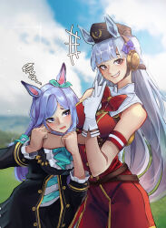  2girls absurdres animal_ears aqua_bow arm_around_neck armband black_jacket black_skirt blue_sky blunt_bangs blush bow bowtie breasts brown_hat clouds coat dress ear_bow ear_ribbon frilled_coat frilled_jacket frills ggz_(gguzal_95) gloves gold_ship_(red_strife)_(umamusume) gold_ship_(umamusume) grey_hair grin hat highres horse_ears horse_girl horse_tail jacket large_breasts long_hair long_sleeves mejiro_mcqueen_(frontline_elegance)_(umamusume) mejiro_mcqueen_(umamusume) multiple_girls open_mouth outdoors pillbox_hat purple_hair red_bow red_dress shirt skirt sky sleeveless sleeveless_dress smile striped_armband striped_clothes striped_shirt tail teeth umamusume v violet_eyes white_gloves 