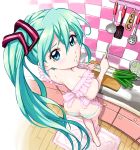  aqua_hair ass barefoot blue_eyes blush bungo butt_crack down_blouse foreshortening from_above hatsune_miku kitchen knife long_hair looking_at_viewer looking_back naked_apron nearly_naked_apron panties pov spring_onion striped striped_panties underwear vocaloid yamashita_bungo 