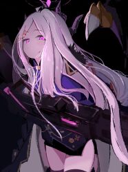  1girl ahoge black_halo black_horns blue_archive coat coat_on_shoulders commentary dark_background demon_girl demon_horns demon_wings gun hair_ornament halo highres hina_(blue_archive) holding holding_gun holding_weapon horns long_hair looking_at_viewer machine_gun military_uniform multiple_horns parted_bangs pencil_skirt purple_thighhighs purple_wings side_slit sikinoyura skirt solo thigh-highs very_long_hair violet_eyes weapon weapon_request white_hair wings 
