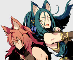  2boys animal_ear_fluff bare_shoulders brown_sleeves closed_mouth collarbone commentary_request detached_sleeves enomoto_(luck-by-luck) fang gold_trim green_hair hair_between_eyes hair_ornament long_hair looking_ahead male_focus masurao_(sekaiju) masurao_1_(sekaiju) masurao_3_(sekaiju) multiple_boys open_mouth red_hair sekaiju_no_meikyuu sekaiju_no_meikyuu_5 simple_background smile tongue white_background 