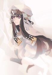  1girl anatolia_(fire_emblem) anshango black_hair bloom commentary_request dress fire_emblem fire_emblem:_fortune's_weave hair_ornament headdress highres keffiyeh solo tassel tassel_hair_ornament turkish_clothes veil violet_eyes white_dress white_headdress 