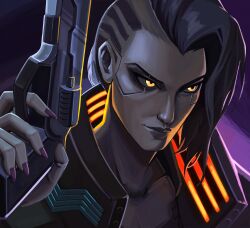  1girl analogous_colors asymmetrical_hair black_sclera colored_sclera cyberpunk_(series) cyberpunk_2077 dark_background green_eyes green_nails grey_nails gun handgun highres holding holding_gun holding_weapon kdekercy kitsch_jacket_(cyberpunk) portrait sidecut skin_seams solo undercut v_(cyberpunk) valerie_(cyberpunk) weapon 