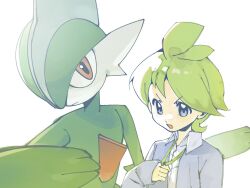  1boy :o cardigan collared_shirt commentary_request gallade green_hair grey_cardigan grey_eyes hand_up highres korean_commentary long_sleeves male_focus open_cardigan open_clothes open_mouth pokemon pokemon_(creature) pokemon_omega_ruby_and_alpha_sapphire shirt short_hair sleeves_past_wrists teeth up0pu upper_body upper_teeth_only wally_(pokemon) white_background white_shirt 