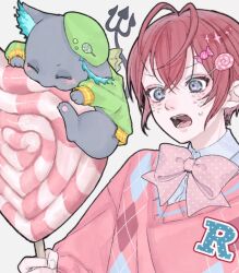  1boy 1other bow bowtie candy candy_hair_ornament cat collared_shirt food food-themed_hair_ornament full_body grey_cat grim_(twisted_wonderland) hair_ornament heart heart-shaped_food heart-shaped_lollipop highres holding holding_candy holding_food holding_lollipop lollipop mimimihq open_mouth pink_bow pink_bowtie pink_sweater portrait red_hair riddle_rosehearts shaped_lollipop shirt short_hair simple_background sweater twisted_wonderland white_shirt 