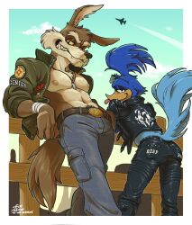  2boys animal_ears artist_name bird_boy bird_tail blue_feathers bomber_jacket brown_fur catclawcaramel commentary coyote_boy denim dog_tags english_commentary eyewear_on_head fangs feathers furry furry_male grin highres jacket jeans leaning leather leather_jacket leather_pants looking_at_viewer looney_tunes male_focus multiple_boys on_fence pants road_runner_(looney_tunes) smile sunglasses tail tongue tongue_out wile_e_coyote wolf_boy wolf_ears 