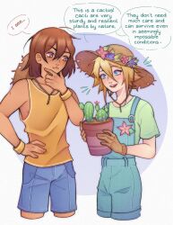  2boys alternate_costume alternate_eye_color basil_(faraway)_(omori) basil_(omori) blonde_hair blue_eyes blue_overalls blue_shorts blush bright_pupils brown_eyes brown_gloves brown_hair cactus closed_mouth collarbone commentary commission dark-skinned_male dark_skin double-parted_bangs english_commentary english_text flower_pot flying_sweatdrops freckles gloves green_shirt hair_between_eyes hand_on_own_hip hat highres holding holding_flower_pot kel_(faraway)_(omori) kel_(omori) male_focus mel_(melmellie) multiple_boys omori orange_tank_top overall_shorts overalls plant potted_plant shirt short_hair short_sleeves shorts sidelocks speech_bubble sun_hat t-shirt tank_top white_pupils 