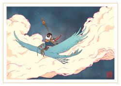  1girl black_hair blue_cape border cape closed_eyes closed_mouth clouds commentary english_commentary eyelashes flying highres holding jayne_xiong night original riding short_hair sky smile star_(sky) white_border 