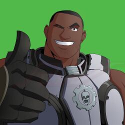  1boy absurdres armor augustus_cole beard_stubble black_hair broad_shoulders brown_eyes dark-skinned_male dark_skin facial_hair gears gears_of_war green_background highres looking_at_viewer male_focus one_eye_closed portrait power_armor raised_eyebrow ruvkun short_hair simple_background skull_print sleeveless smile stubble thumbs_up very_short_hair 