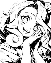  1girl commentary_request dress greyscale hair_ornament hairband highres long_hair looking_at_viewer monochrome open_mouth own_hands_together shell shell_hair_ornament smile solo steepled_fingers teeth touhou upper_body upper_teeth_only vn35214 watari_nina 