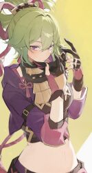  1girl absurdres black_mask black_nails breasts closed_mouth commentary crop_top cropped_jacket english_commentary expressionless genshin_impact gloves green_hair hair_between_eyes highres holding holding_mask jacket kuki_shinobu long_hair looking_at_viewer mask medium_breasts midriff nail_polish navel partially_fingerless_gloves ponytail purple_jacket simple_background solo sparrow4193941 two-tone_background upper_body violet_eyes yellow_background 