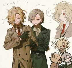  ... 2boys :d ? annoyed antenna_hair belt black_gloves blonde_hair book chibi closed_eyes coat cowboy_shot crossed_arms from_behind gloves green_coat green_eyes grey_hair highres holding holding_book light_smile looking_ahead looking_at_another looking_to_the_side male_focus multiple_boys multiple_views natsume_souichirou nax0s_wil3 necktie nidome rectangular_mouth red_eyes red_necktie scarf sekai_metsubou_kyouyuu_gensou_mamiya serious short_hair sketch_inset smile speech_bubble spoken_sweatdrop sweatdrop taunting trench_coat turn_pale wavy_hair white_background white_scarf 