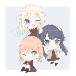  3girls :d :o ;) ;d alternate_hairstyle blonde_hair blue_eyes blue_hair blue_ribbon brown_dress chibi chibi_only dress fang flower green_eyes group_hairstyle_switch hair_flower hair_ornament hair_ribbon hairstyle_switch hasu_no_sanrenka hasu_no_sora_school_uniform highres hinoshita_kaho long_hair long_sleeves love_live! love_live!_hasu_no_sora_jogakuin_school_idol_club low_twintails medium_dress medium_hair multiple_girls murano_sayaka neckerchief one_eye_closed open_mouth osawa_rurino rabbit_hair_ornament red_neckerchief ribbon sailor_collar sailor_dress school_uniform short_twintails sitting smile twintails two_side_up umi_(nana_spring) virtual_youtuber white_sailor_collar winter_uniform 
