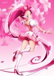  boots cure_blossom flower from_behind hanasaki_tsubomi heartcatch_precure! long_hair looking_back magical_girl mousoup pink pink_background pink_eyes pink_hair ponytail precure skirt solo very_long_hair 